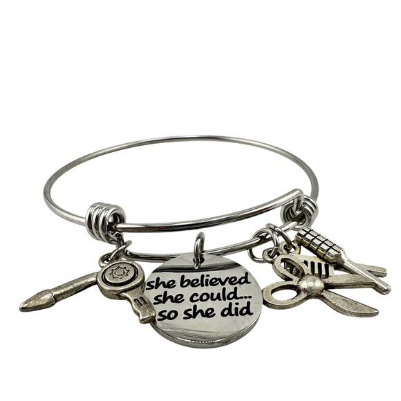 Stylist Hairdresser Salon Inspirational Silver Tone Charm Bangle 7.5" Bracelet - Picture 4 of 5